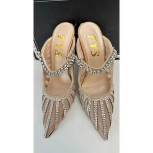FYS Shoes Women Beige Mesh Rhinestone Mules Pointed Toe Stiletto Heel Size 6